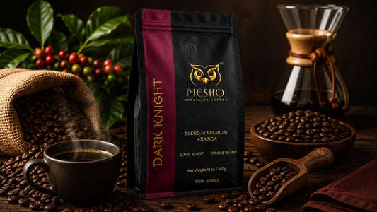 Premium Colombia dark roast coffee beans with brewed coffee and coffee bag