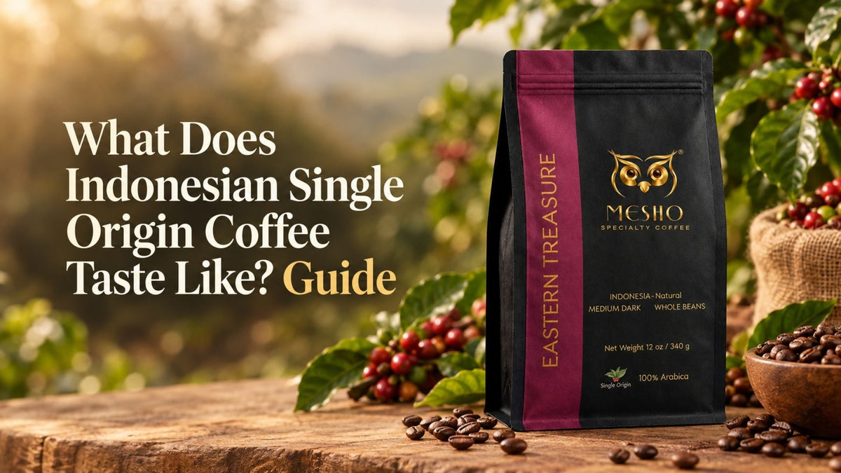 Indonesian single-origin coffee beans in a premium coffee bag with coffee cherries, illustrating the taste of Indonesian coffee.