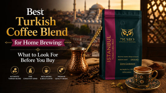 Best Turkish coffee blend for home brewing with Mesho Istanbul coffee, cezve and Turkish coffee cup